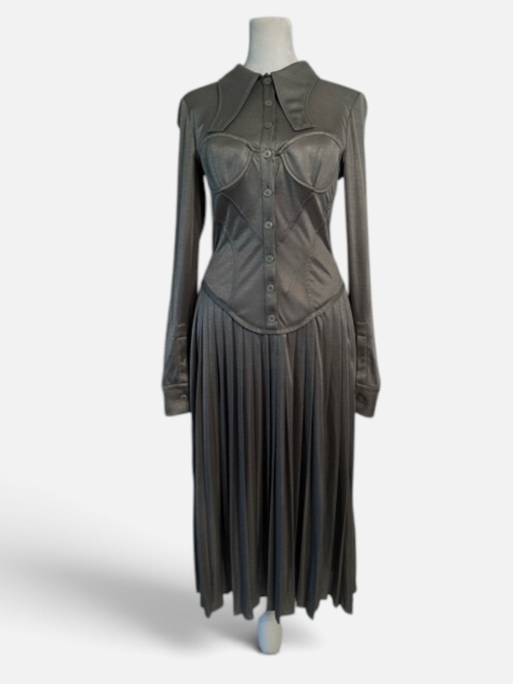 NWT Burberry Gray Long-Sleeve Pleated Midi Dress with Structured Bodice